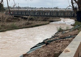 El nivel del Turia respecto al puente provisional construido por los militares, este martes.