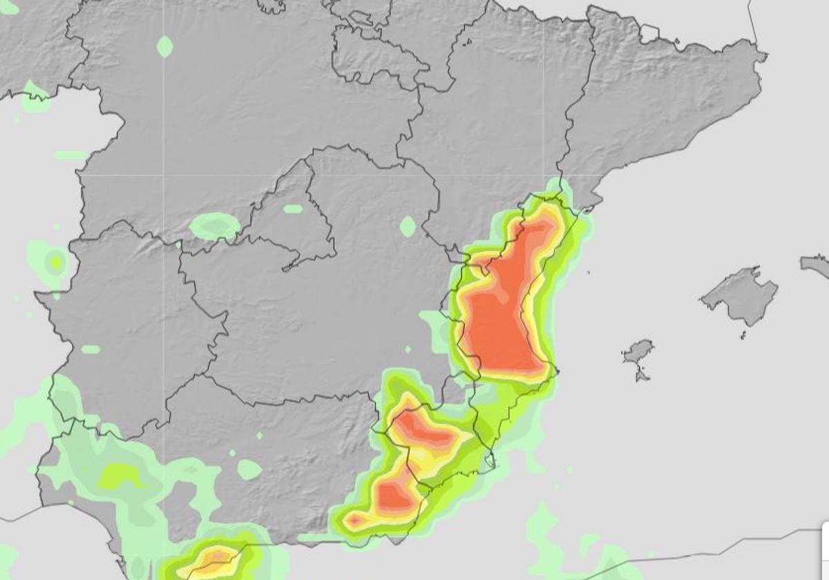 Previsión de lluvias con precipitaciones de más de 20 l/m2 por hora.