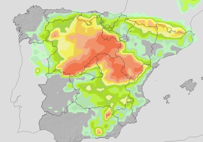 Probabilidad de nieve el domingo (en naranja la mayor probabilidad) .