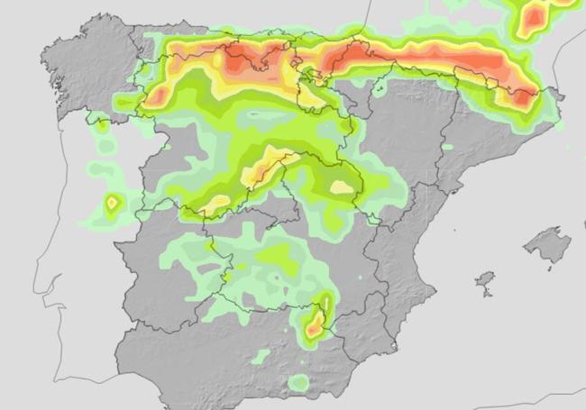 Probabilidad de nieve el sábado (en naranja la mayor probabilidad) .