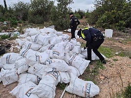 Los agentes, junto a parte del material abandonado.