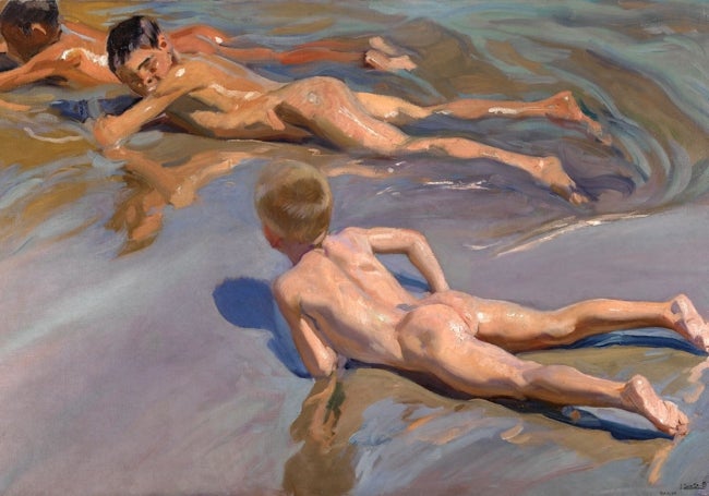 'Chicos en la playa', de Joaquín Sorolla, con Bernabé Evangelista en primer plano, junto a sus amigos José Senent y Pascual Gimeno.
