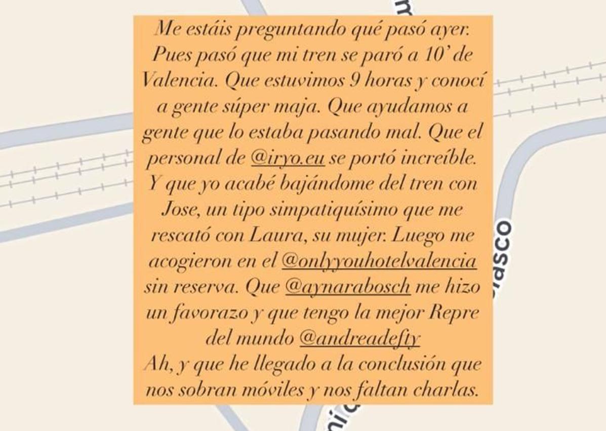 Imagen secundaria 1 - Una famosa actriz se queda atrapada en un tren de camino a Valencia durante el apagón: «Estuvimos nueve horas. La gente lo estaba pasando muy mal»