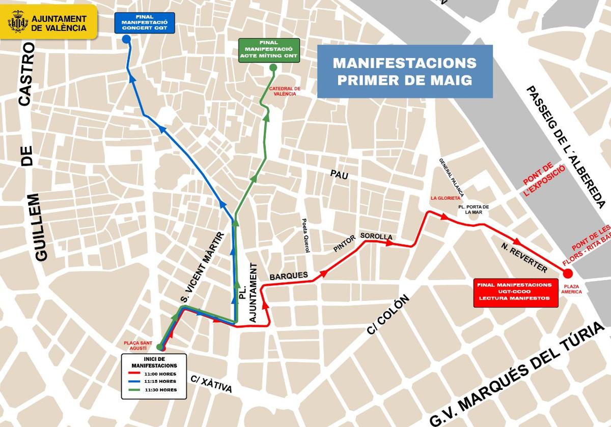 Recorridos de las manifestaciones del 1 de mayo en Valencia.