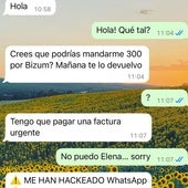 Reproducción de uno de los mensajes que recibió Arturo, uno de los contactos de Elena, tras el hackeo de su teléfono.