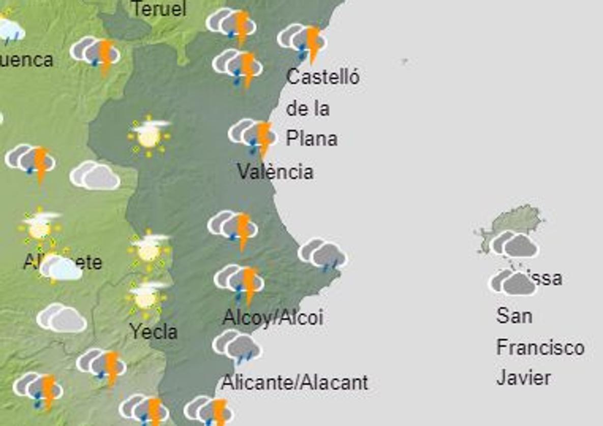 Aemet activa la alerta naranja en Valencia este jueves por lluvias y tormentas con granizo