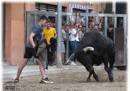Un joven hace un quiebro a un toro.