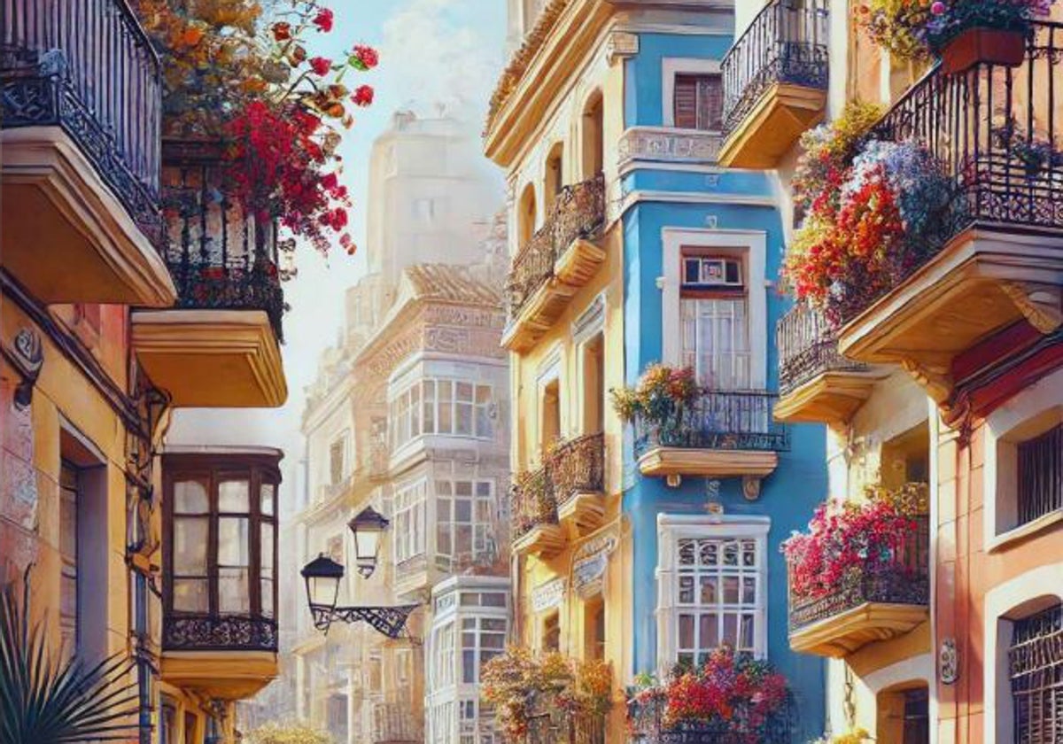 Recreación de balcones llenos de flores del cartel que anuncia el concurso.