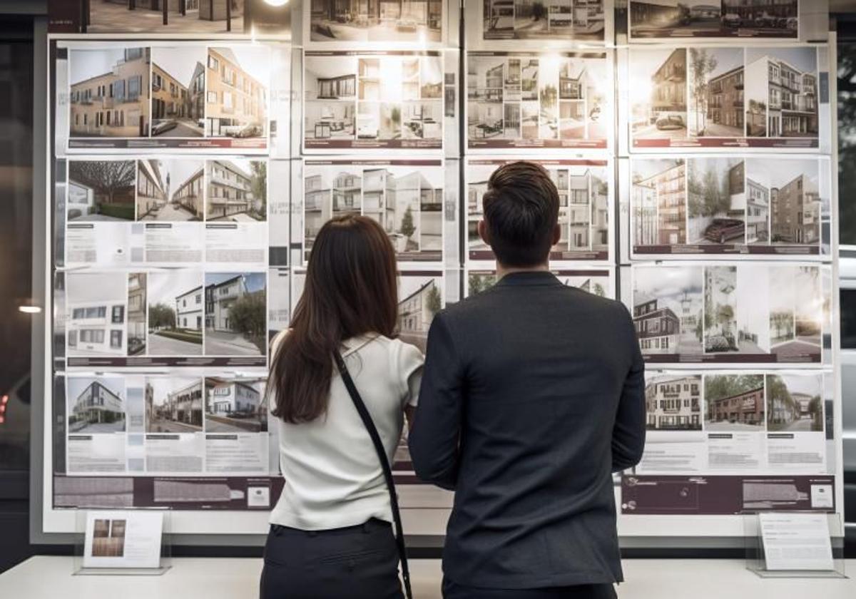 Una pareja mira anuncios de pisos en una inmobiliaria.
