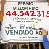 Dos de los afortunados ganadores del Euromillón cuelgan el cartel con el premio obtenido. Imagen de archivo.