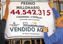 Dos de los afortunados ganadores del Euromillón cuelgan el cartel con el premio obtenido. Imagen de archivo.
