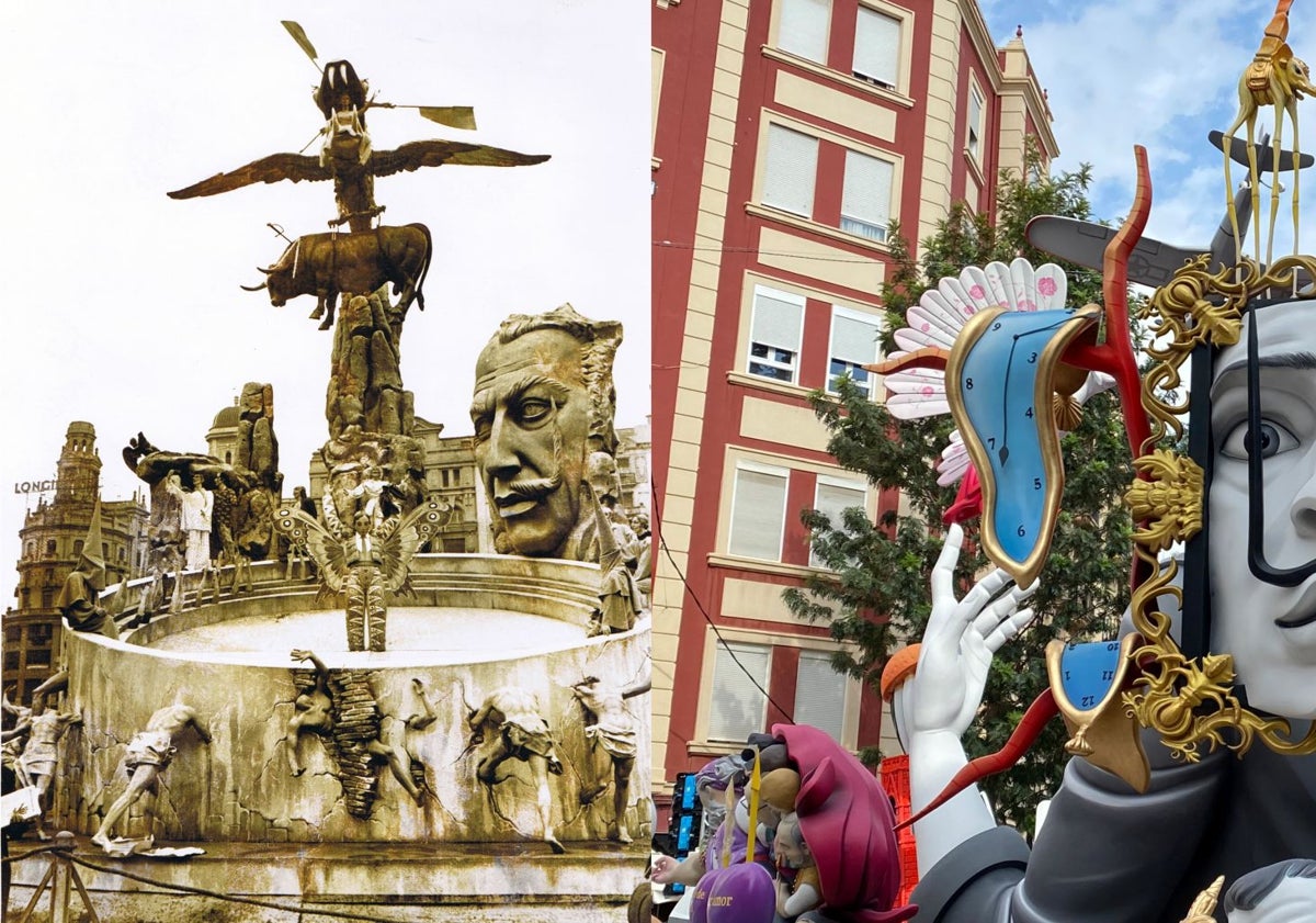 Imagen principal - Falla de Octavio Vicent diseñada por Dalí y figura de Dalí, obra de Martínez Aparici en la falla Cuba; artistas de cine de Vicente Llácer en la falla Cuba y Dalí creado por Javito para la falla Telefónica. 