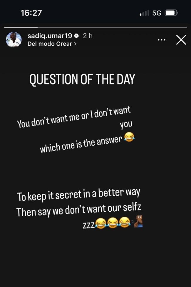 Historia de Instagram de la cuenta de Umar Sadiq.