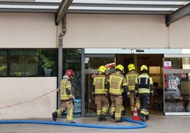 Los bomberos en la puerta de acceso a la torre D.