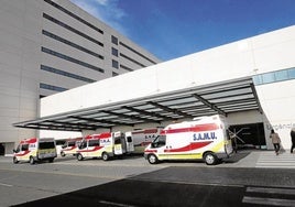 Ambulancias en la entrada de Urgencias del hospital La Fe de Valencia.