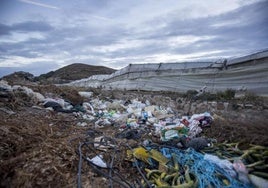 Restos de plásticos de envases, cubiertas y tuberías de riego a goteo junto a una zona de invernaderos hortícolas.