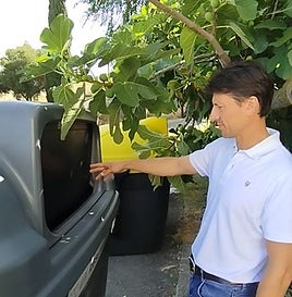 El portavoz del PP muestra la ubicación de los contenedores con las ramas como obstáculos.