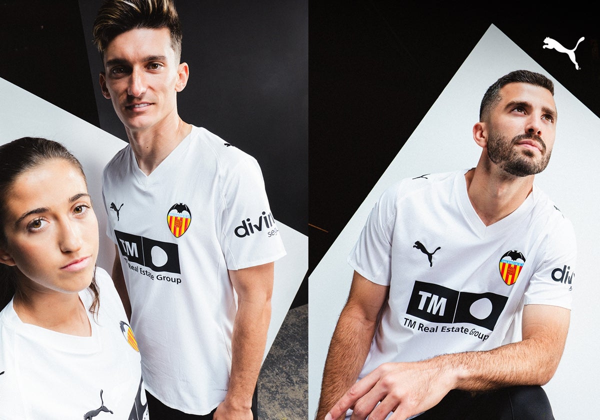 Marina Martí, Pepelu y Gayà con la nueva primera equipación del Valencia.