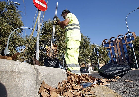 Un operario limpia los imbornales de una calle de Valencia.