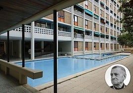 Vista del interior del edificio; en el recuadro, una de las raras fotos que se conservan de su autor, el arquitecto Santiago Artal.