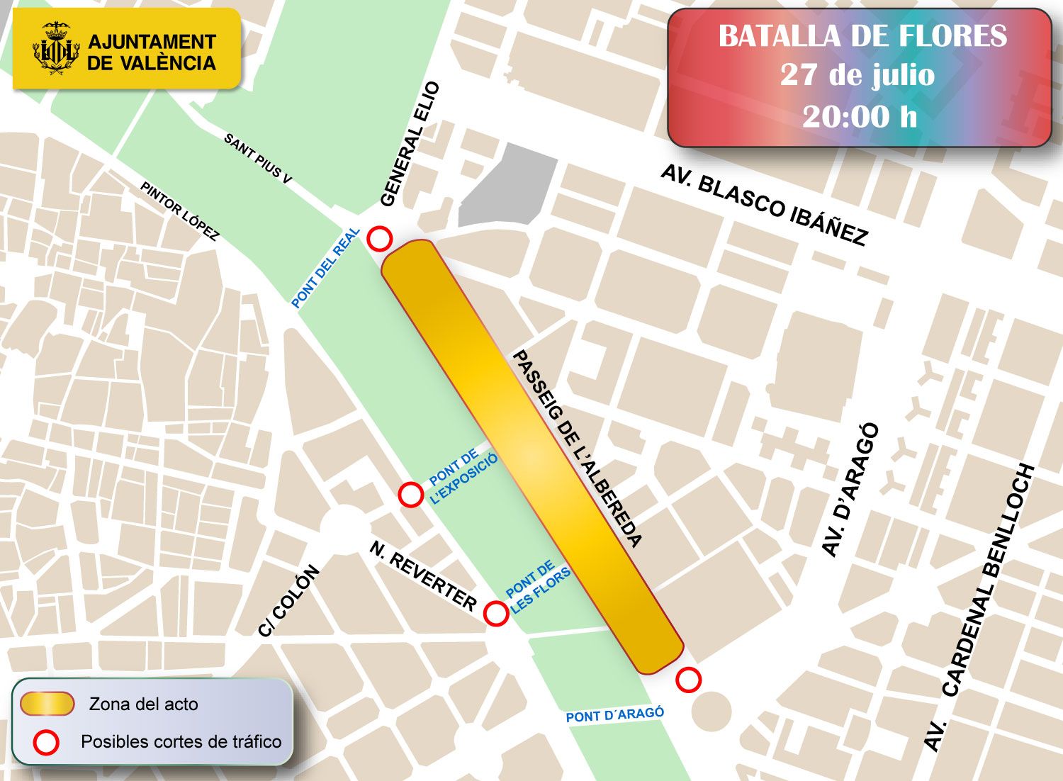 Calles cortadas y estacionamiento prohibido este fin de semana en Valencia con motivo de los últimos actos de la Feria de Julio