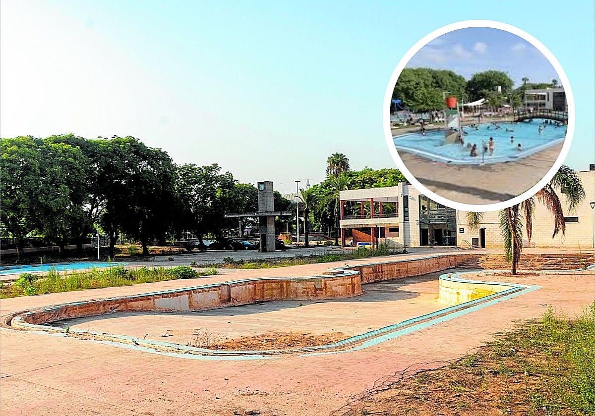 El estado actual de la piscina de Paiporta y arriba, las instalaciones antes de la dana.