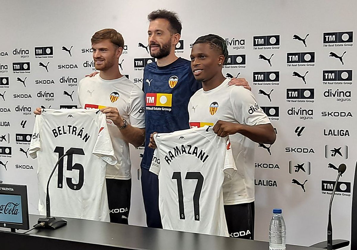 Lucas Beltrán, Corberán y Ramazani, en la presentación oficial de este mediodía.