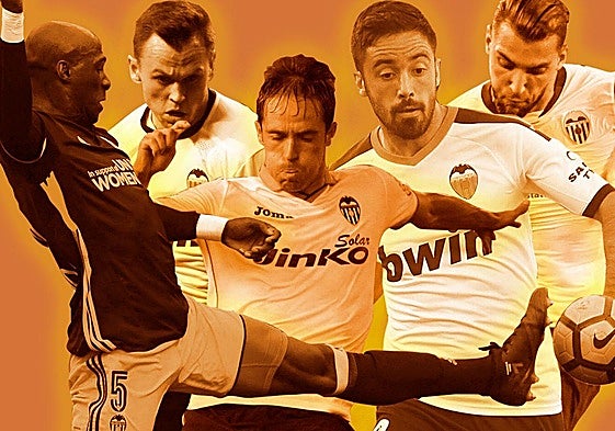 Eliaquim Mangala, Denis Cheryshev, Míchel Herrero, Jaume Costa y Rafa Mir, con el Valencia.