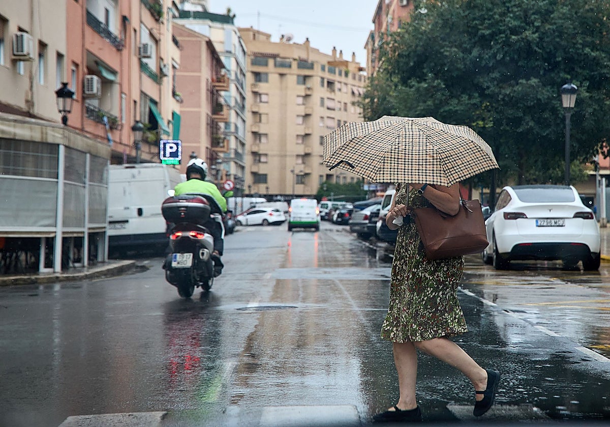 Una mujer se protege de la lluvia con un paraguas.