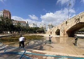 Limpieza del estanque del puente de Porta de la Mar, en el Jardín del Turia, en imagen de archivo.