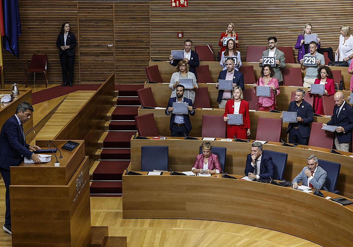 Mazón prepara los folios de su discurso en el debate de política general de la Comunitat mientras el PSPV muestra carteles sobre la dana.