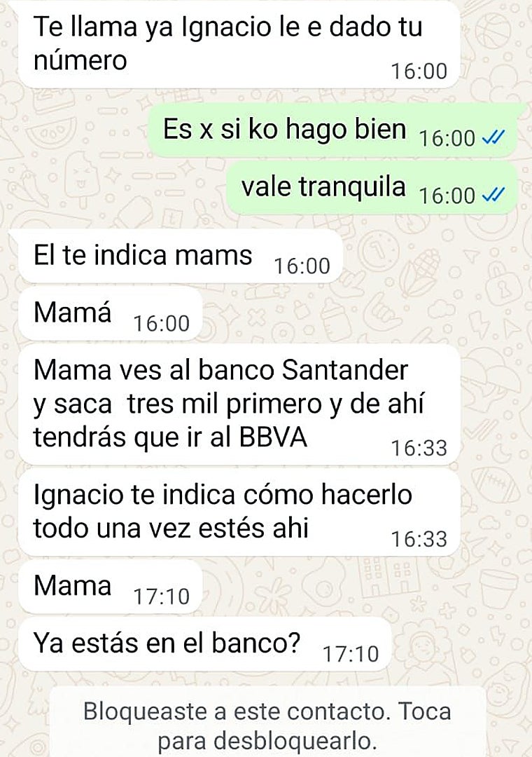 Imagen - Captura de la conversación real de Virtudes donde se observa cómo la falsa hija traza el engaño.