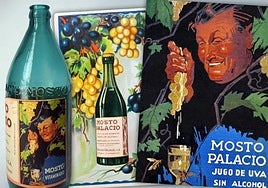 Publicidad. Mosto de Bodegas Palacio: antigua botella e ilustraciones promocionales.
