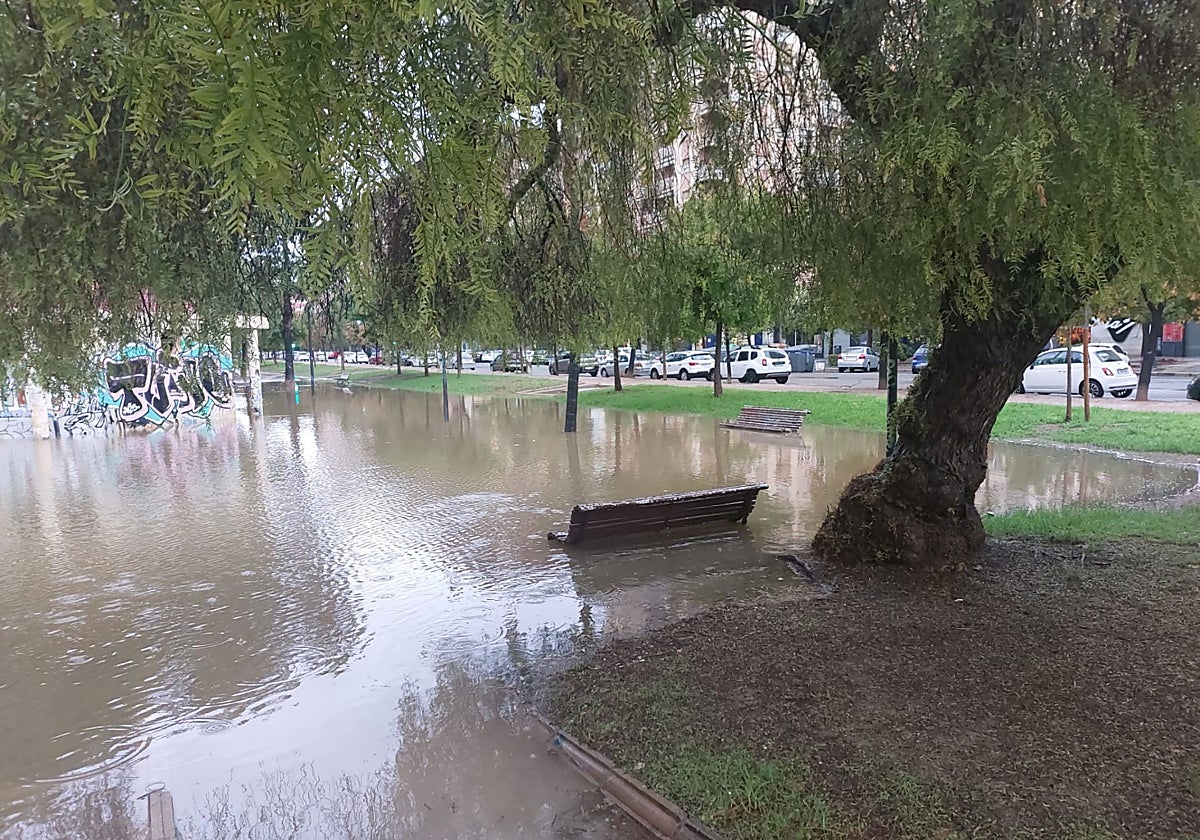 Las lluvias inundan el paseo central de la avenida Blasco Ibáñez, en Valencia.