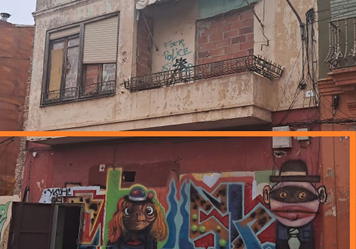 Casa típica del Cabanyal que se ha dividido en dos lotes para subastar el edificio, en la calle Los Ángeles 22.