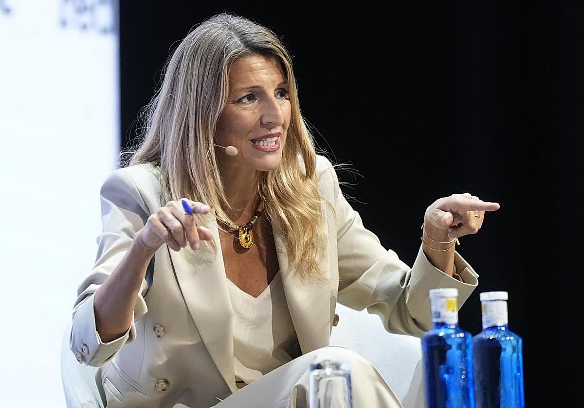 La ministra de Trabajo y Economía Social, Yolanda Díaz , durante su participación en el foro internacional World in Progress.