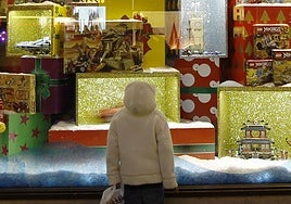Un niño observa el escaparate de una juguetería.