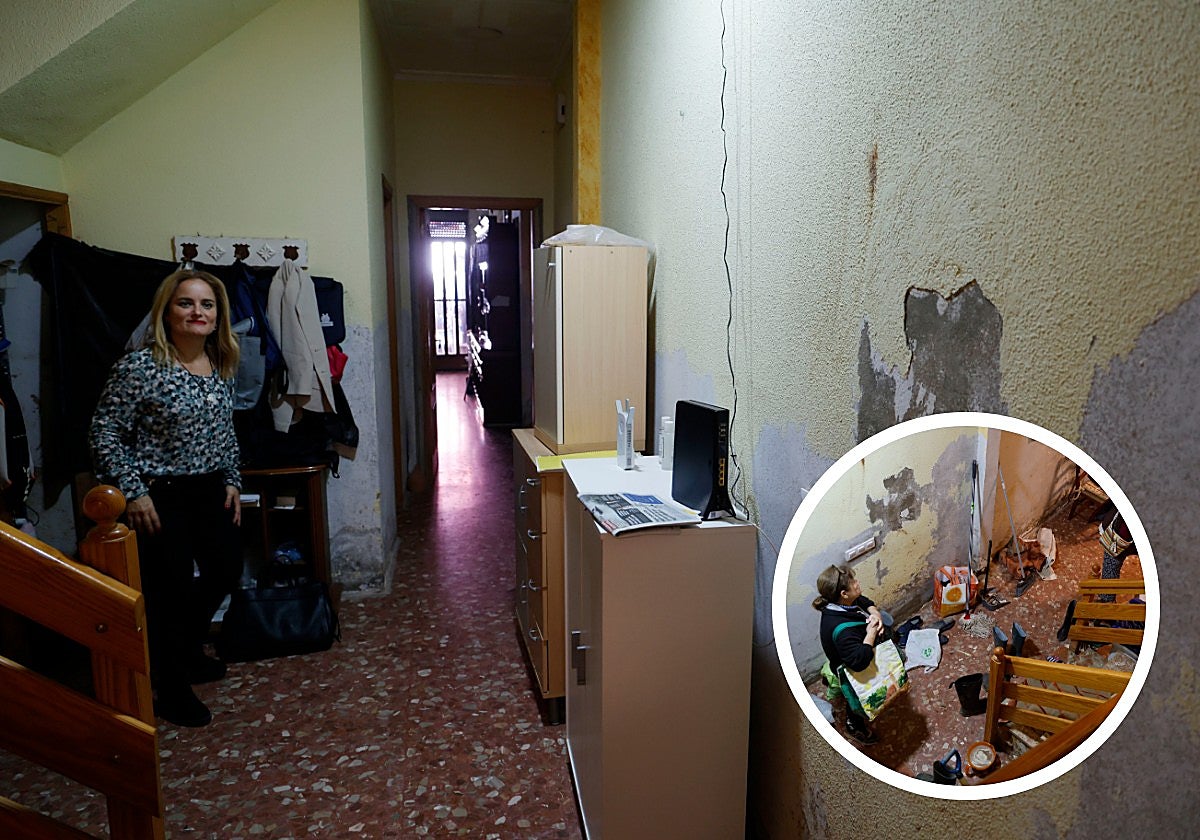 La entrada de la casa de Tonica un año después de la dana y a la derecha un mes después