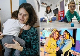 Balma y su madre Glòria (i), Roc y su madre Raquel (dcha. arriba) y Pau y sus madres Judith y María Ángeles (dcha. abajo)