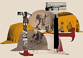 Obreros en lo alto de un andamio.