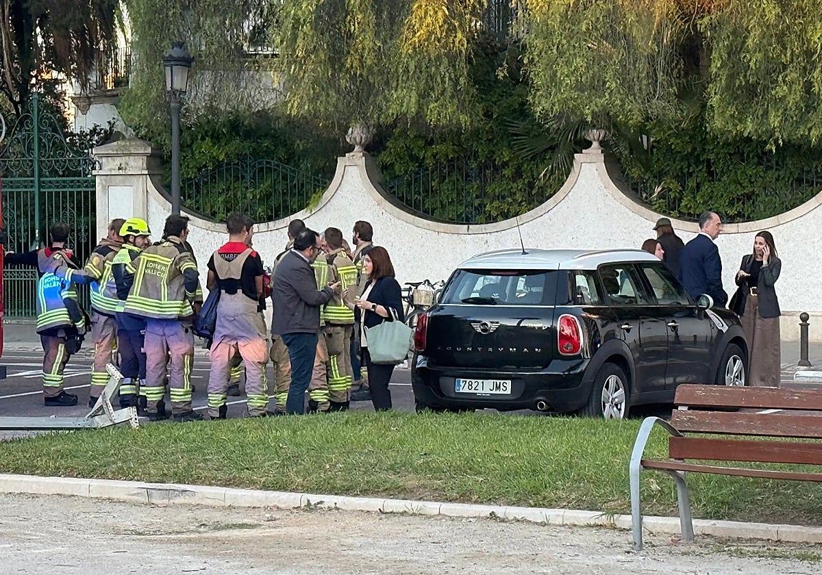 Un grupo de bomberos junto a varias de las personas desalojadas, entre ellas el conseller Valderrama.