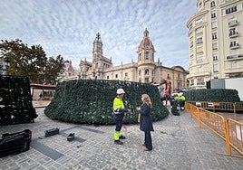La concejala de Servicios Centrales, Julia Climent, comprueba el inicio del montaje del árbol de Navidad de la plaza del Ayuntamiento.