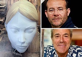 El artista fallero Manolo Martín, el fotógrafo y escritor Juan Solbes y pieza de La Meditadora (falla municipal) en proceso de creación que se incluye en el libro 'Alma de fuego'.