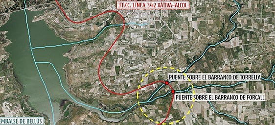Las obras de drenaje de la línea Xàtiva-Alcoi a su paso por el pantano de Bellús se licitarán en el primer trimestre de 2026