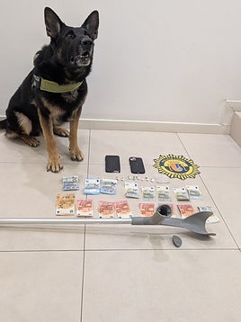 Kosmo, junto a la droga localizada en la muleta y el dinero.