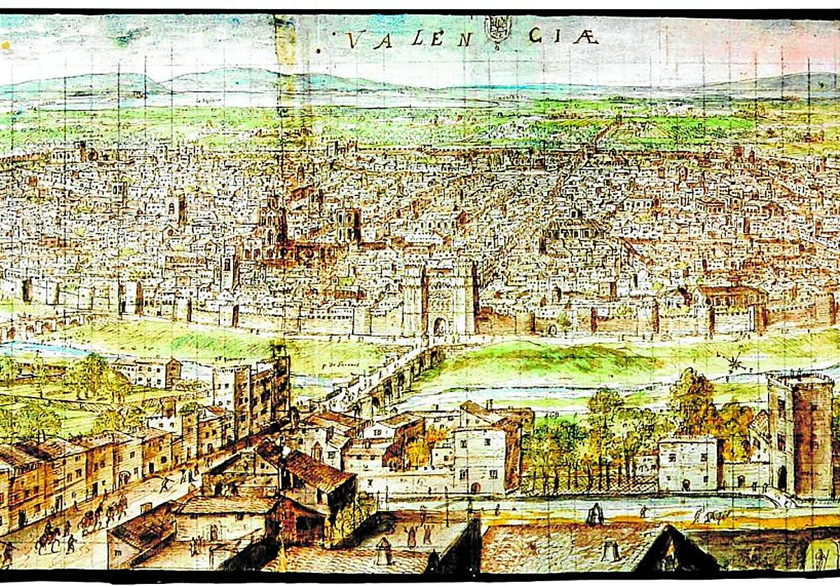 Imagen principal - Vijngaerde. Una vista general de la ciudad en el siglo XVII. | Palacio Real. El mayor monumento perdido se derribó antes de que llegaran los franceses. | Dos Aguas. Un palacio que fue academia y estuvo en grave peligro.