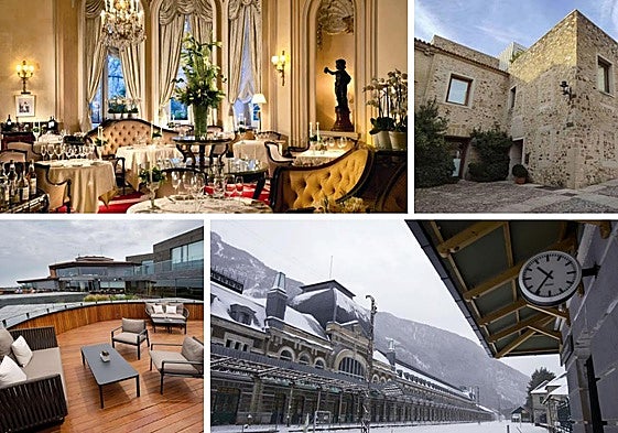 Arriba, el Ritz y Atrio; Abajo, Akelarre y la antigua estación de Canfranc.