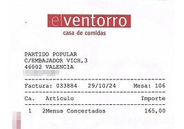 La factura de la comida de Mazón y Vilaplana en El Ventorro.
