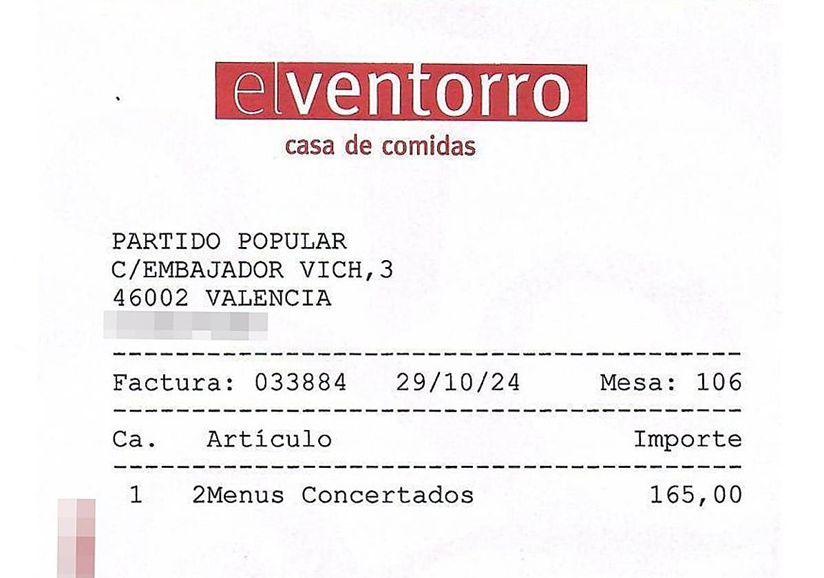La factura de la comida de Mazón y Vilaplana en El Ventorro.