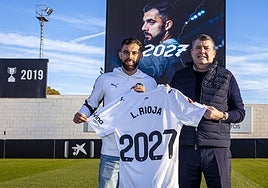 Luis Rioja y Ron Gourlay sosteniendo la camiseta que confirma su renovación